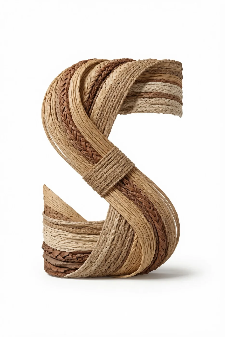 Sculptural letter S made from woven natural fibres